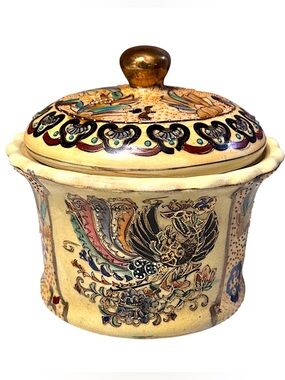 60s Satsuma Style Repro Cream/Multi Moriage Bird Gilded Porcelain Canister Japan